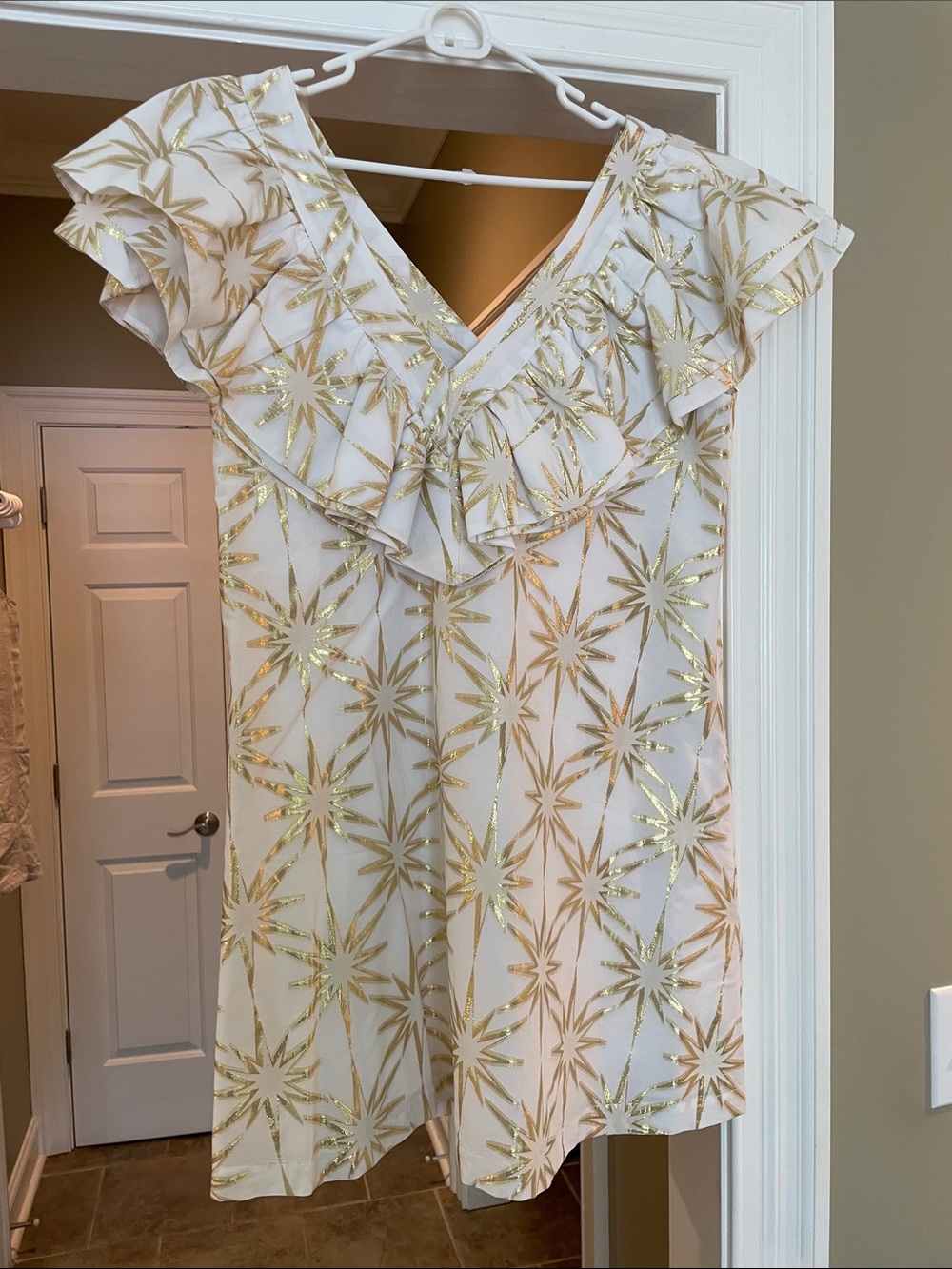 White & Gold Starburst Ruffle Mini Dress